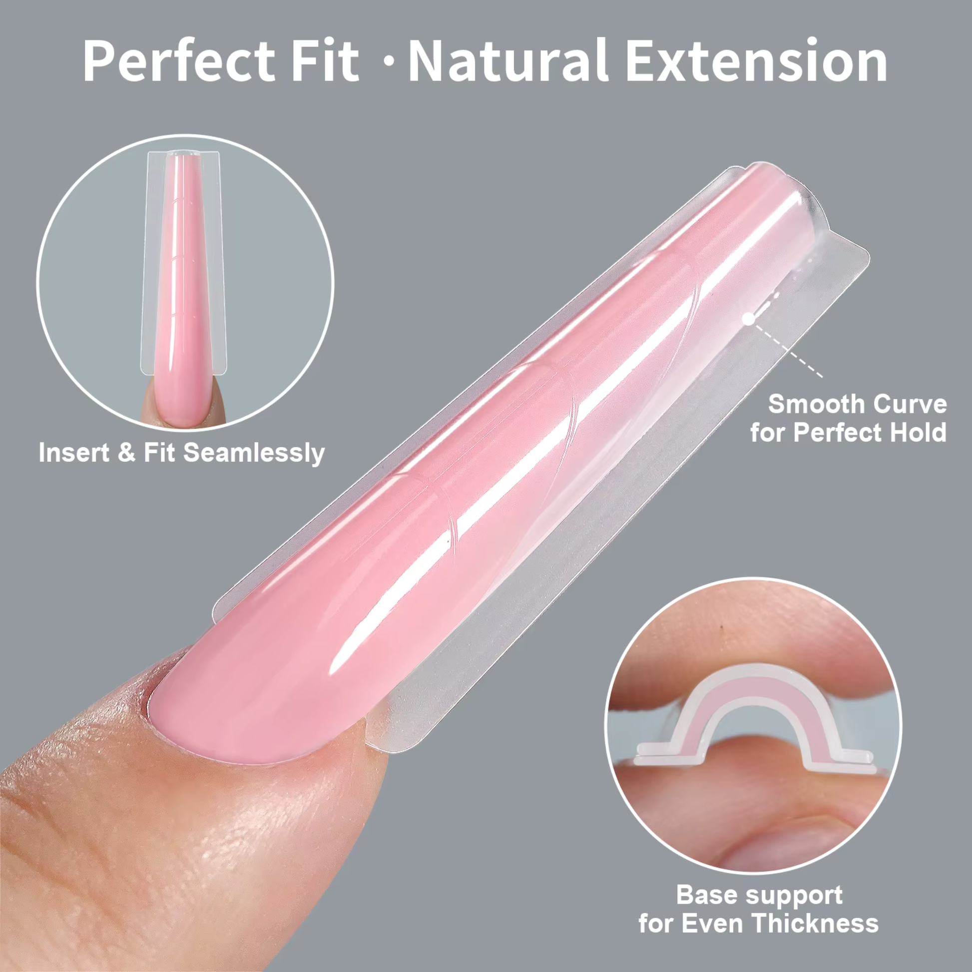 Pink nail extension tool with text on a gray background