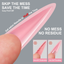 Pink nail extension tool with text highlighting ease of use and results on a gray background