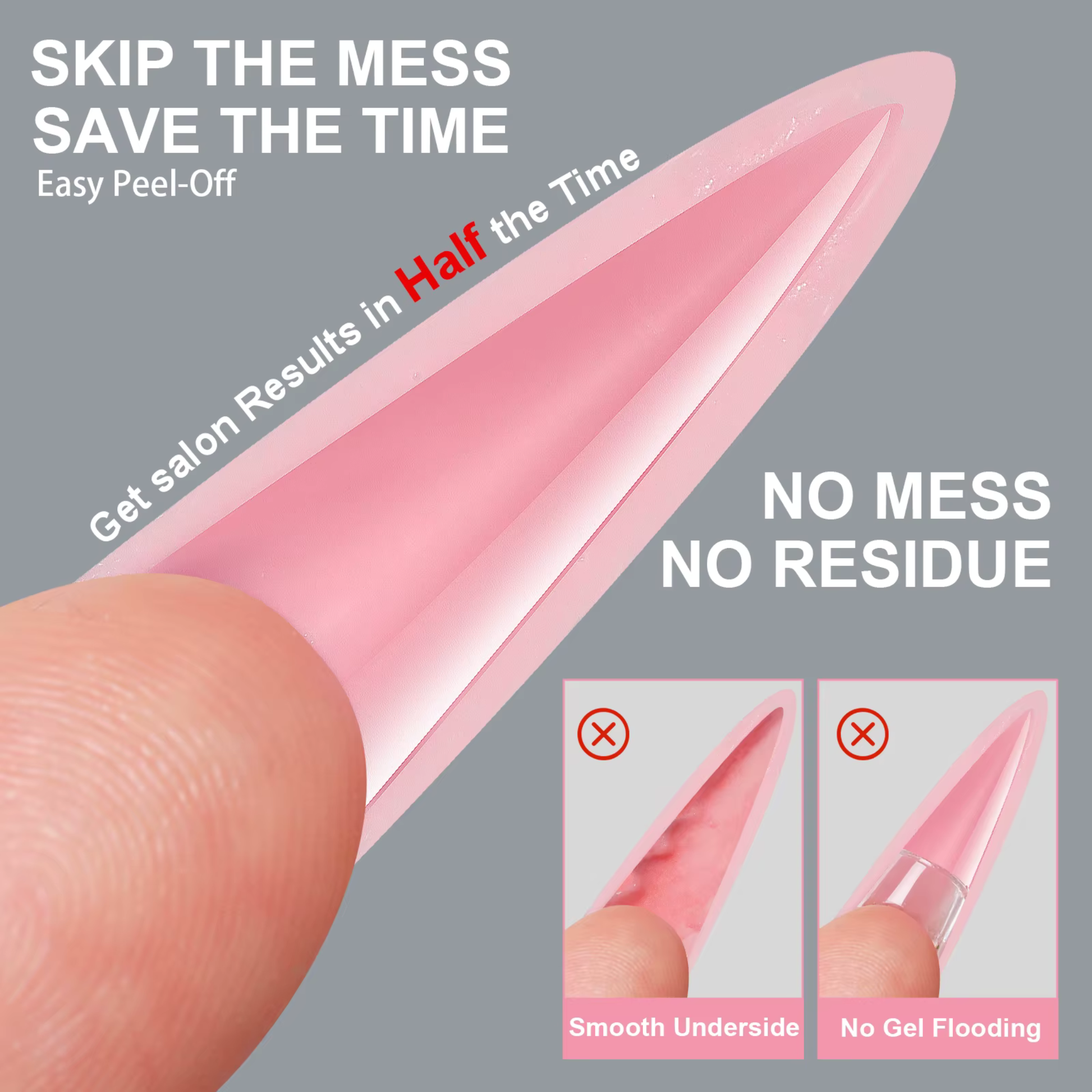 Pink nail extension tool with text highlighting ease of use and results on a gray background