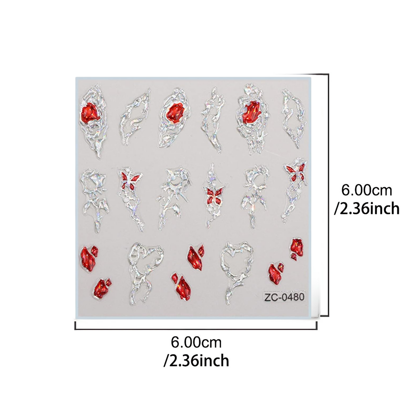 Red Ethereal Nail Art Stickers with measurements