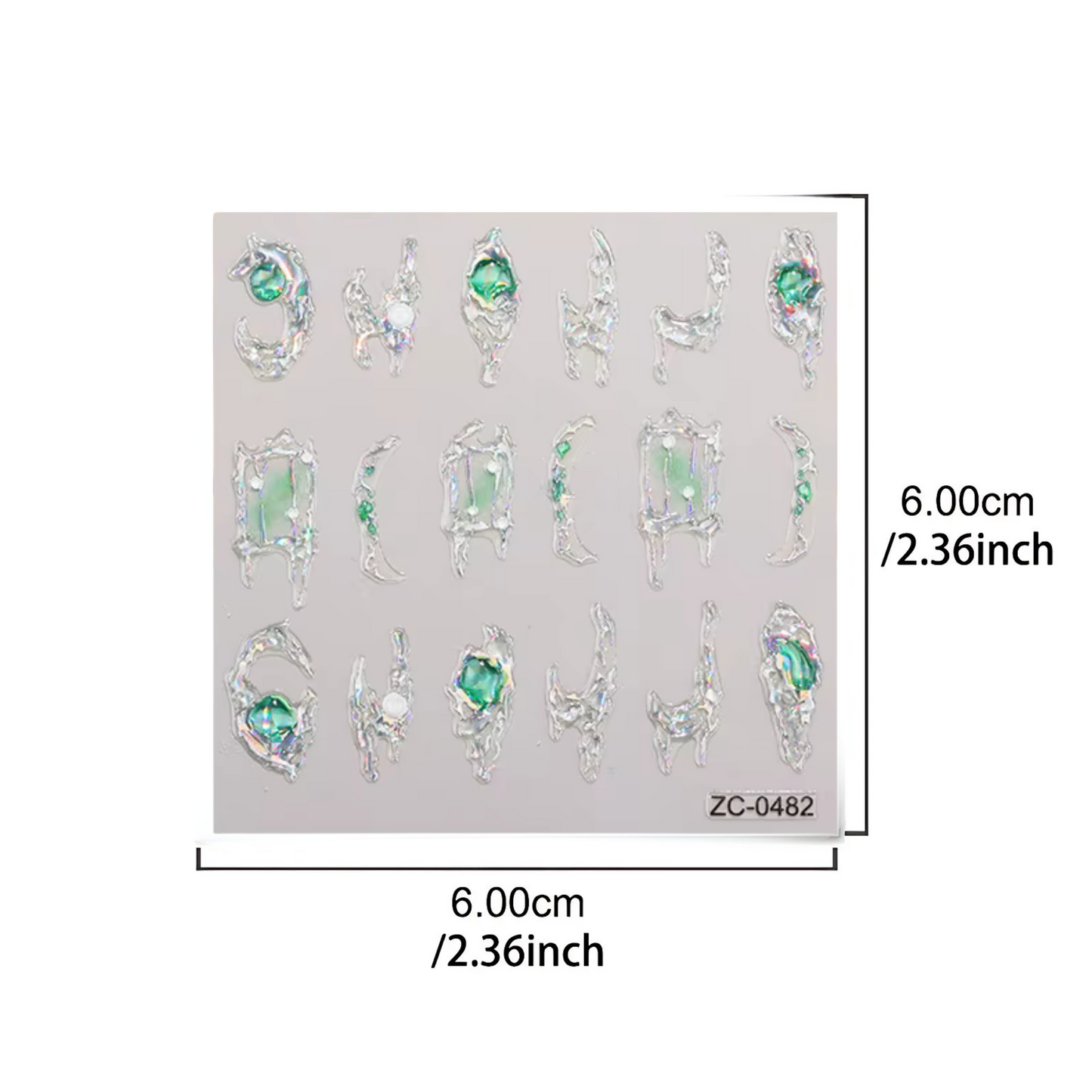 Sheet of nail art stickers with green gemstones and measurements