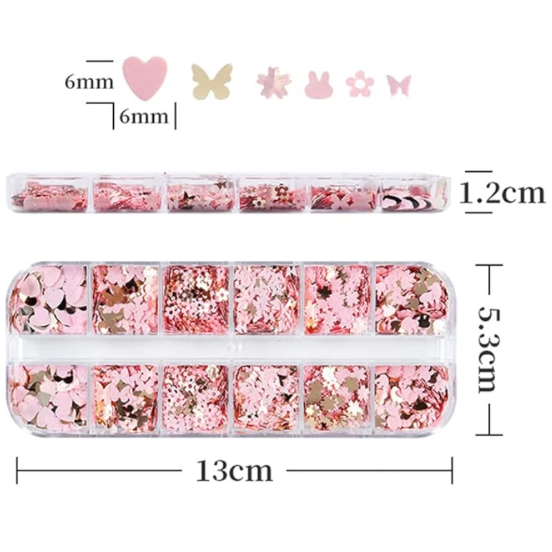 Nail Decorative Art - 12 Grid Pink Heart, Flowers, Butterflies, Bunny Slices