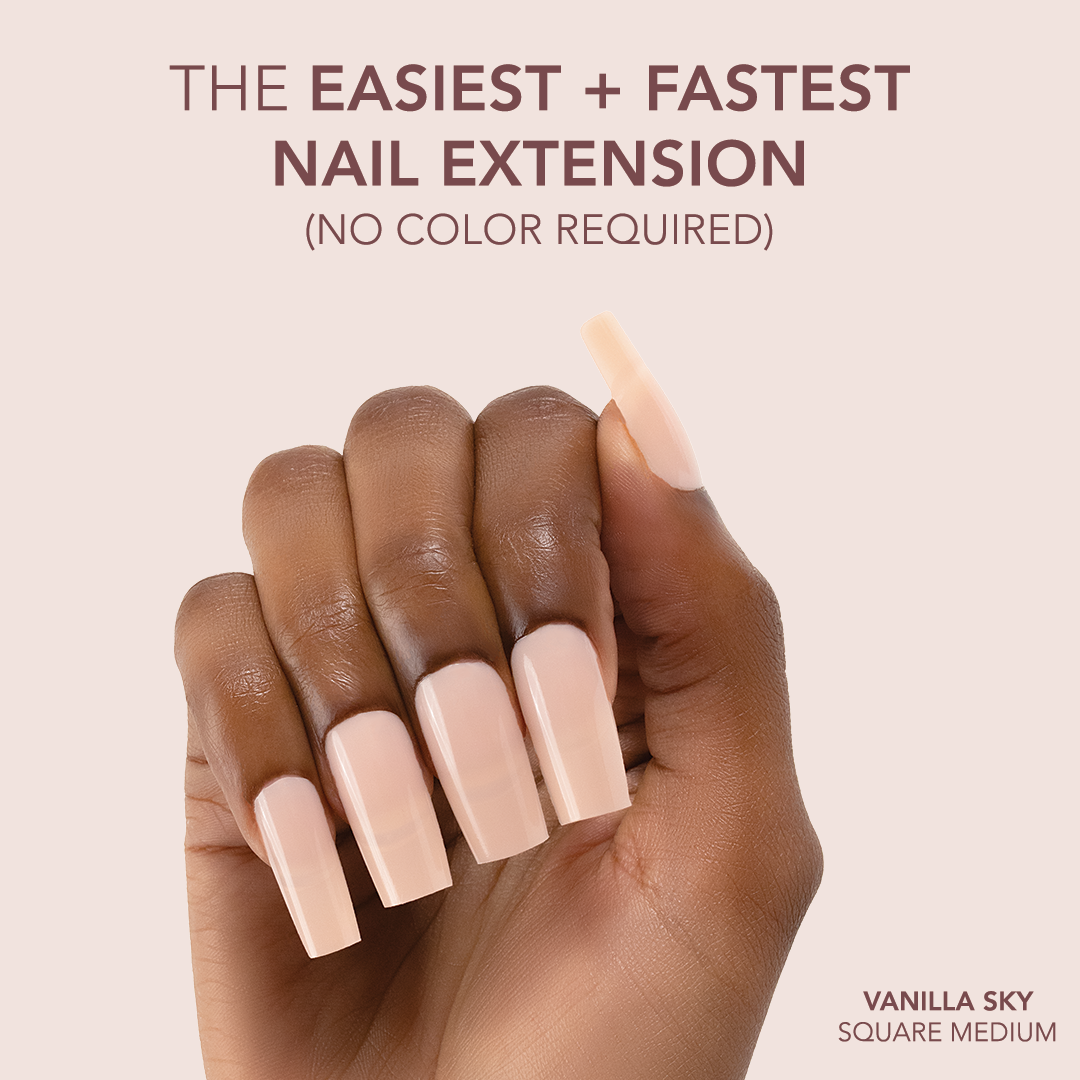 Hands wearing Vanilla Sky Square Medium Gelly Cover Tips