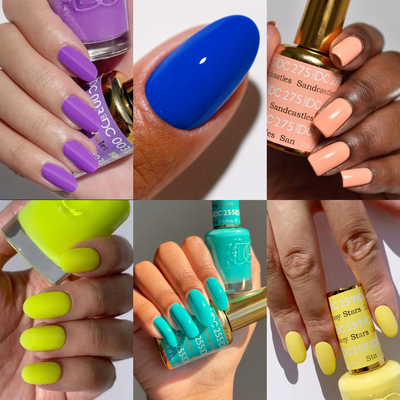 hands wearing DND DC Summer Gel Set “Beachside Brights”