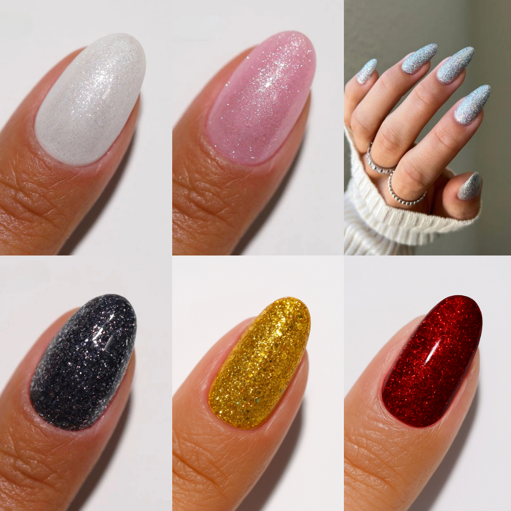 finger wearing DND Diva Winter Gel Polish 6pc Bundle - Winter Glitters