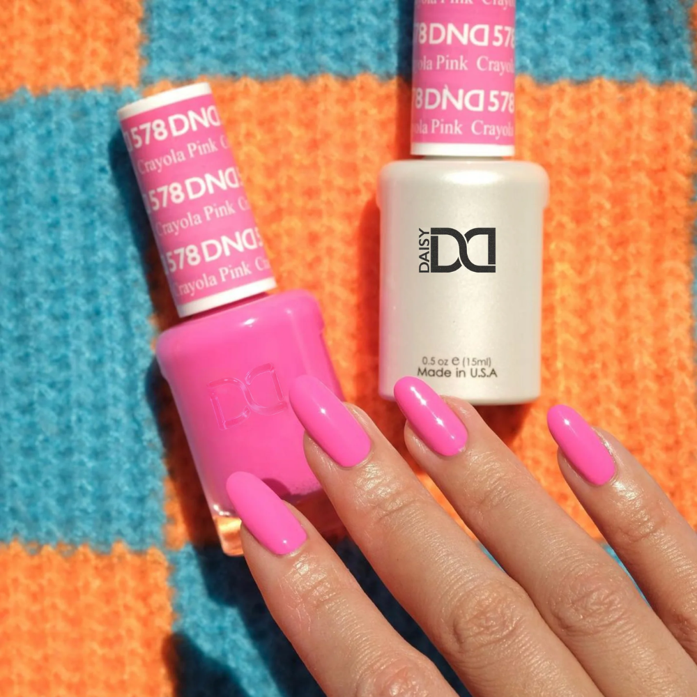 hands wearing DND Gel Polish 578 Crayola Pink
