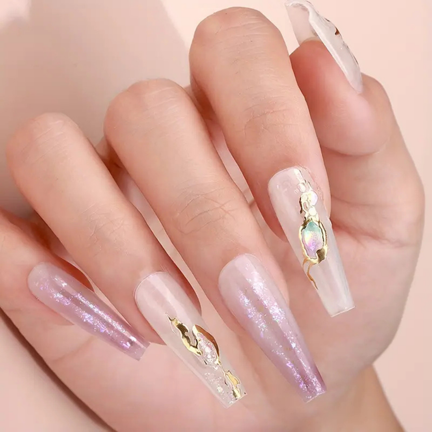 hands wearing iridescent gemstone Ethereal Nail Art Stickers 