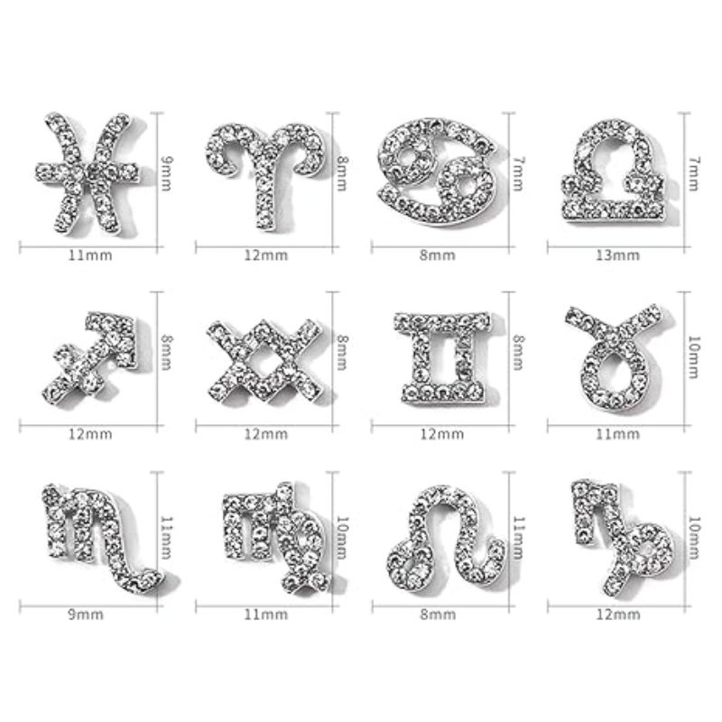 Rhinestone Horoscope 12pc Nail Charms measurements