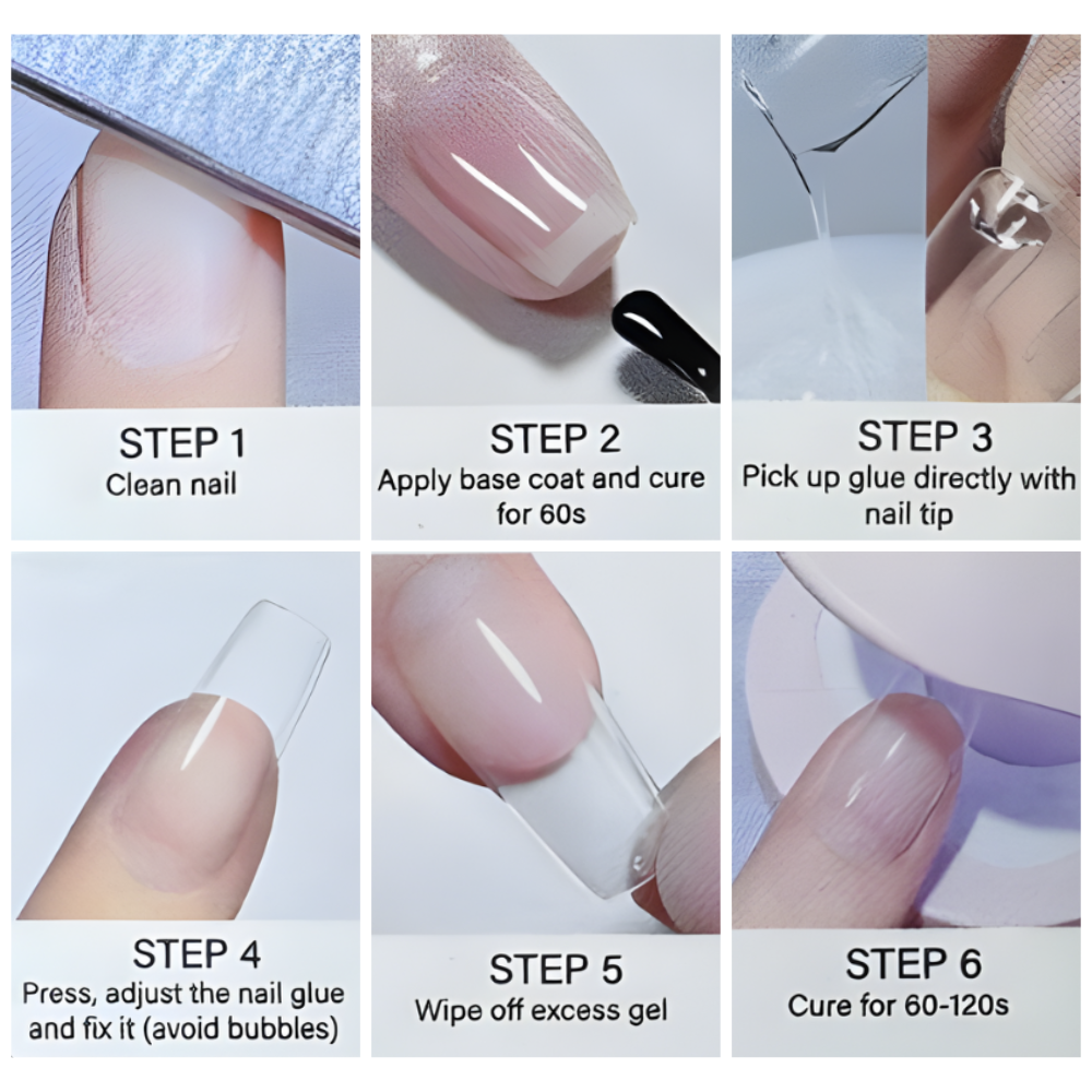 step by step on DND Gel Tips Glue Clear