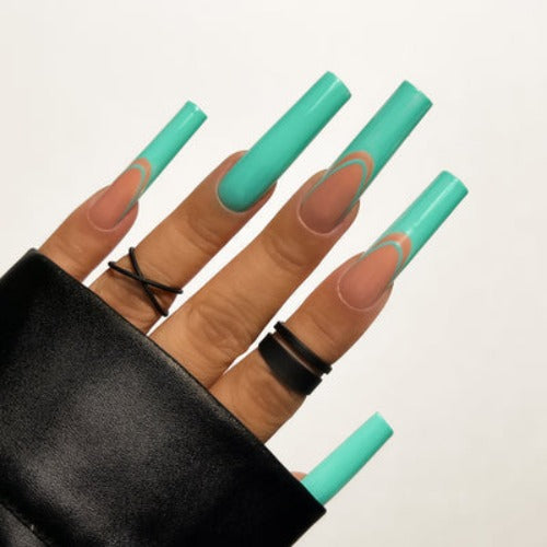 Hands wearing 206 Teal The Show Gel Art by Kiara Sky