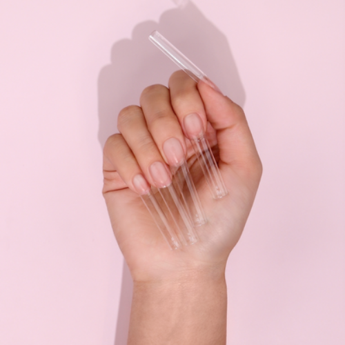 Hands Wearing Square C-Curve Tips XXL Clear By Kiara Sky