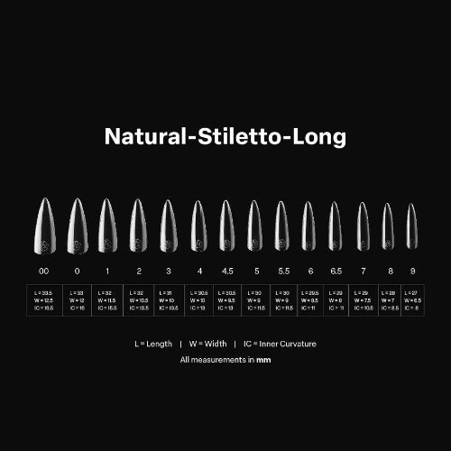 Measurements of Natural Long Stiletto 2.0 Tips By Apres