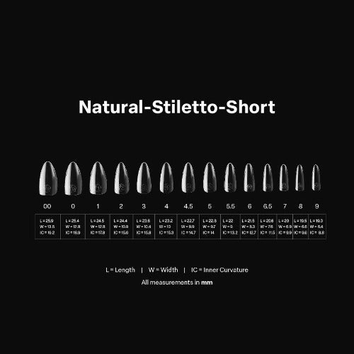 Measurements of Natural Short Stiletto 2.0 Tips By Apres
