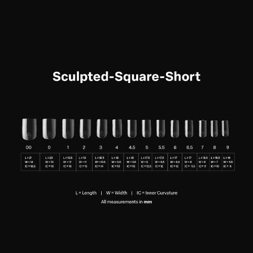 Measurements of Sculpted Short Square 2.0 Tips By Apres 