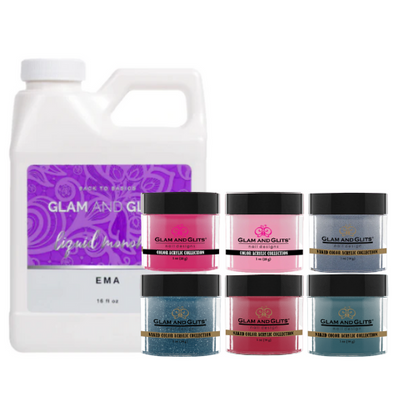 Glam & Glits Acrylic Kit - 16oz Monomer + 6 Powders ( CA302, CA308, NCA432, NCA434, NCA438, NCA439)