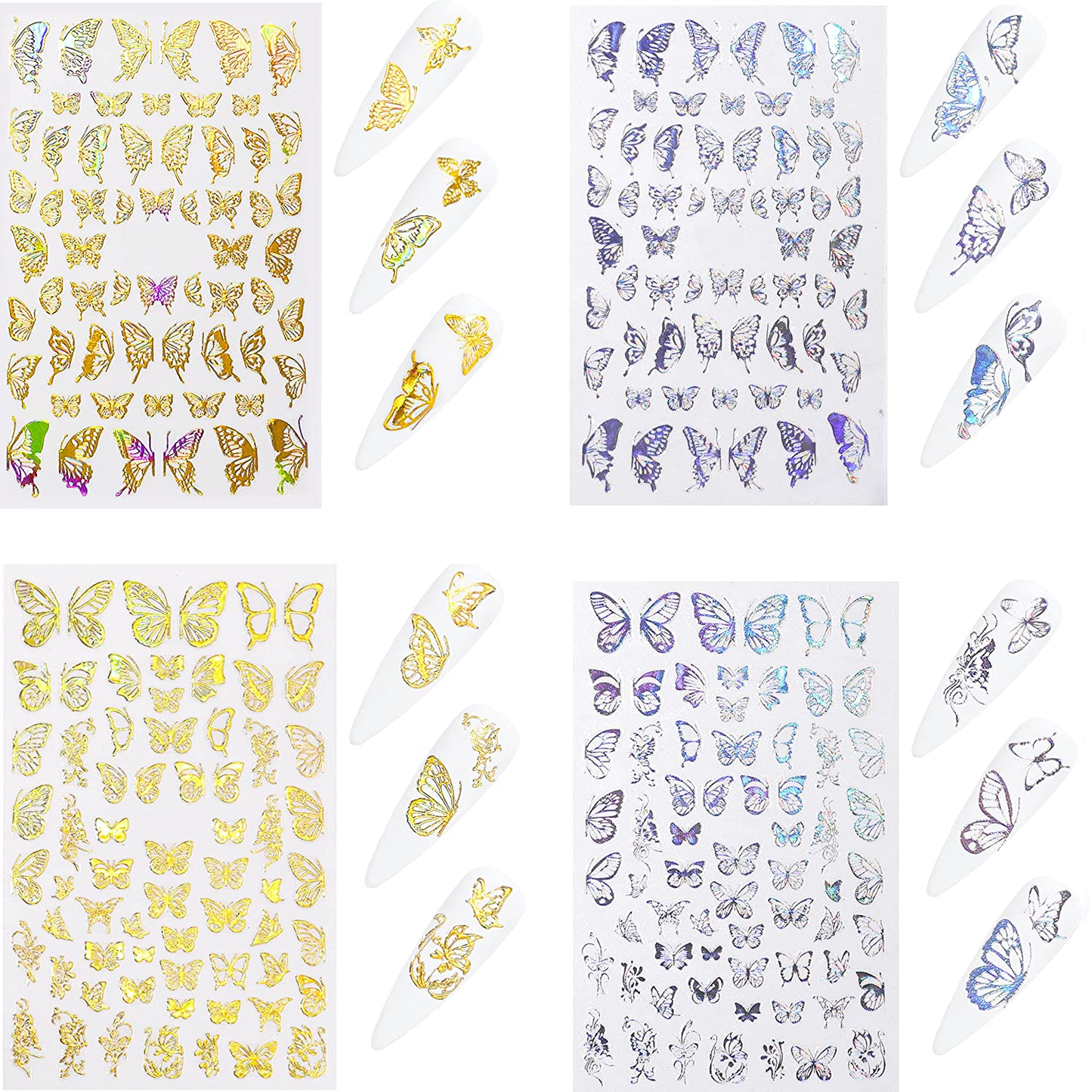 Nail Art Butterfly Sticker Decal Laser Silver Gold Acrylic Dip Gel Polish Designs 8 pack